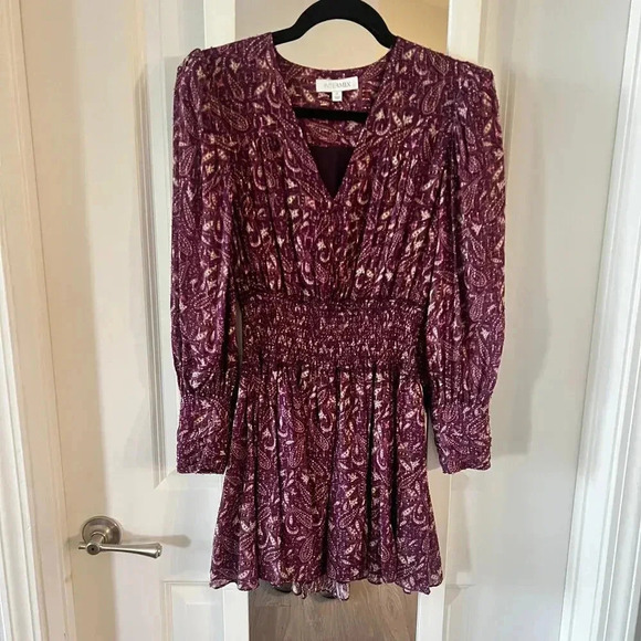 652 Intermix Lana Printed Smocked Mini Dress Size 0 Color maroon - Picture 3 of 7